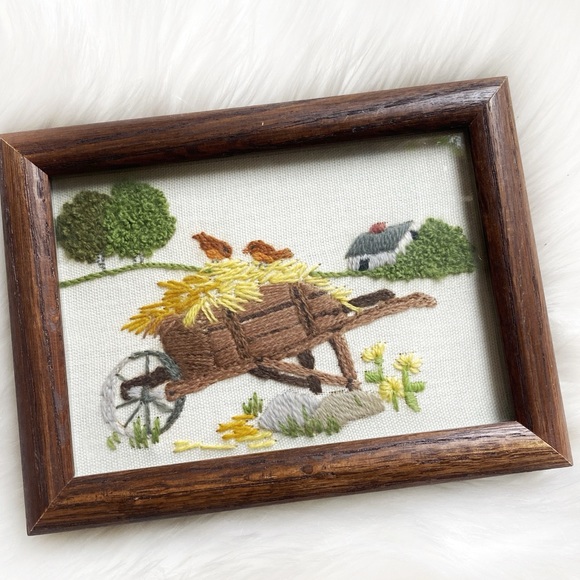 Vintage Embroidered Photo With Wood Frame
